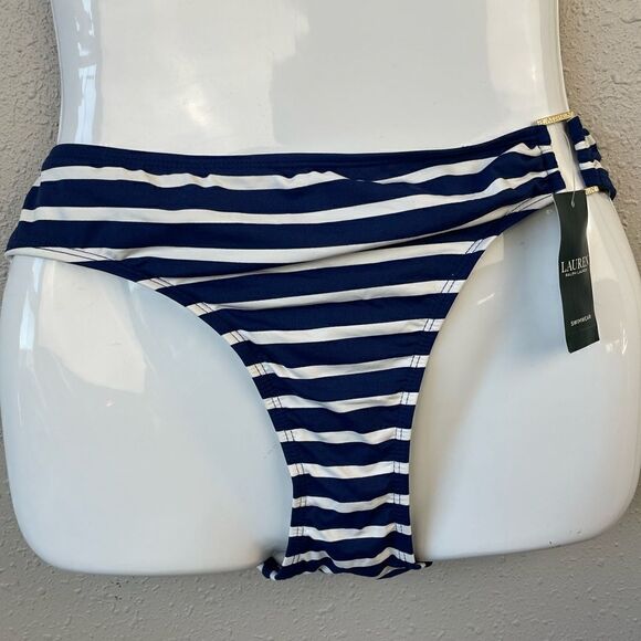NWT Lauren Ralph Lauren Blue and White Striped Bikini Bottoms Size 10 - Picture 1 of 4